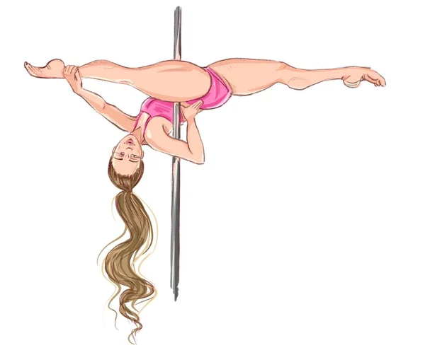 Pole dance. Postures pour le pole dance. Une blonde en survêtement rose sur fond blanc. Image de stock. Illustration pour t-shirts, studios de publicité et de danse. — Photo