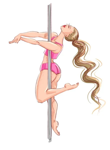 Pole dance. Posture per la pole dance. Una ragazza bionda con una tuta rosa su sfondo bianco. Immagine stock. Illustrazione per t-shirt, pubblicità e studi di danza. — Foto Stock