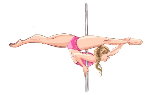 Pole dance. Pozice pro tanec u tyče. Blondýnka v růžové teplákové soupravě na bílém pozadí. Obraz akcií. Ilustrace pro trička, reklamní a taneční studia. — Stock fotografie