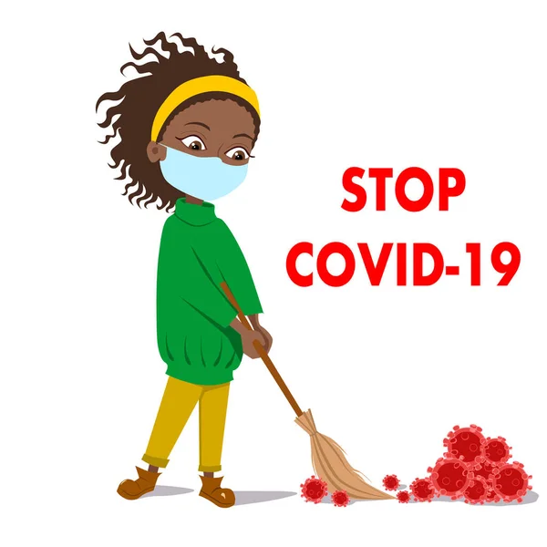 The girl removes the virus with a broom in a medical mask. A dark-skinned, curly-haired woman in a green sweater. Stop kovid-19. Vector illustration on an isolated white background. Stock image. — Stock Vector
