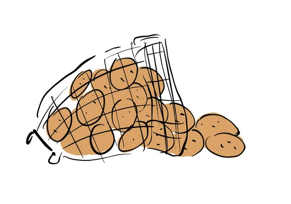 Cultivo fresco de patatas en una bolsa de malla. Ilustración de vector de stock sobre un fondo blanco aislado. Para un logotipo, para iconos en las redes sociales. — Vector de stock