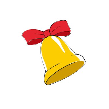 Beyaz Arkaplanda Kırmızı Bow Bnot Kurdelesi olan vektör sarı çan simgesi. Web sitesi, Uygulama veya Tasarım Ürünleri için Düz Simge.