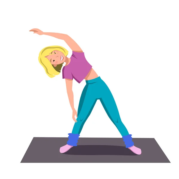Athletic girl stands on the Mat and makes a tilt to the side. Flat vector illustration for a sports Studio on a white isolated background. — Stock Vector