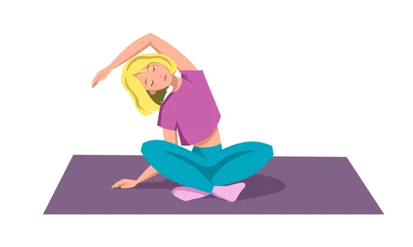 A sporty girl sits on the Mat in a lotus pose and makes a tilt to the side. Flat vector illustration for a sports Studio on a white isolated background. — Stock Vector