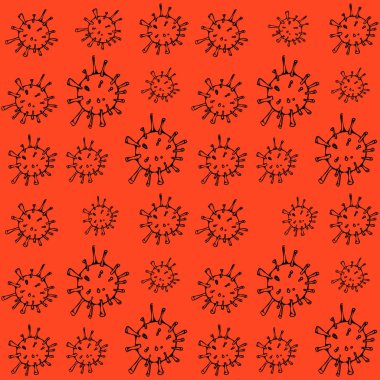 Kırmızı arkaplandaki patern virüsü ana hatları. Vektör Doodle çizimi.