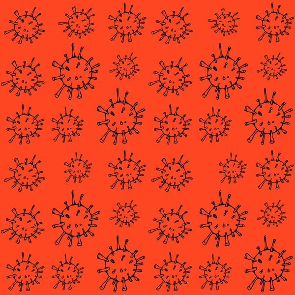 Mönster virus kontur på en röd bakgrund. Vektor Doodle illustration. — Stock vektor