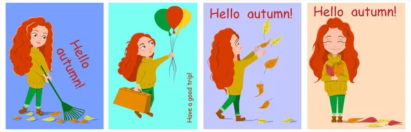 Set of autumn greeting cards with characters. Congratulations to the fall. Vector image. — Stock Vector