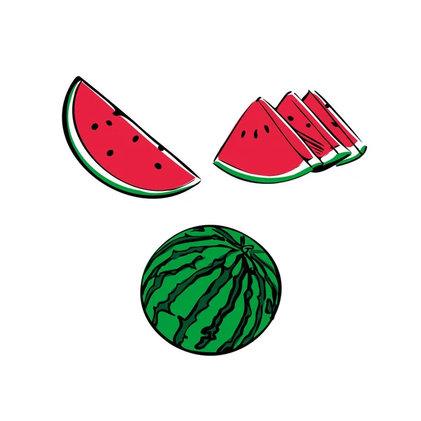 Vektorová ilustrace barevného melounu na bílém izolovaném pozadí. Náčrtek, banner, menu a logo obchodu. — Stockový vektor