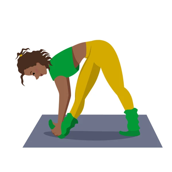 Athletic dark-skinned girl stands on the Mat and makes a bend to the leg . Flat vector illustration for a sports Studio on a white background. — Stock Vector