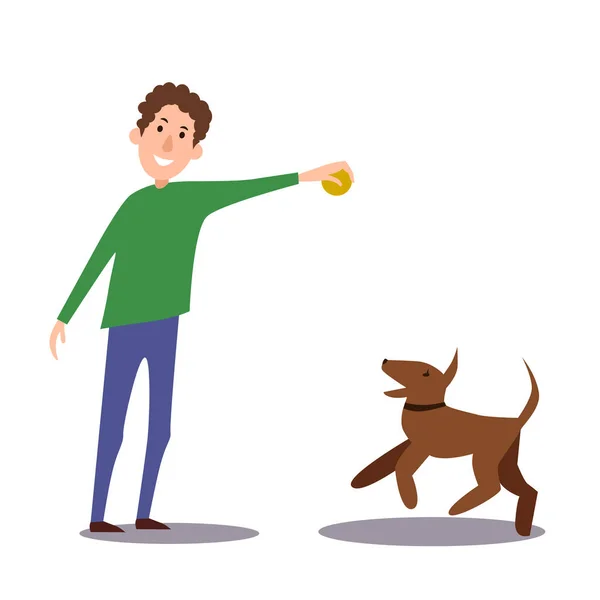 Un hombre juega con su perro mascota mientras monta una escena de juego de pelota. Ilustración vectorial. — Vector de stock