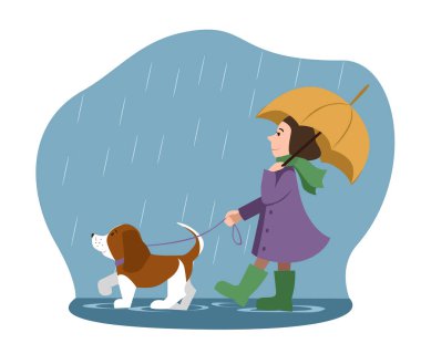 Güzel küçük bir kız ve şemsiyenin altında sevimli bir çizgi film köpeği. Yağmurlu bir hava. Vektör illüstrasyonu.