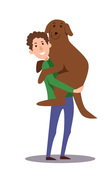 Un hombre sostiene un perro grande en sus brazos. El personaje abraza a su mascota. Boceto vectorial de una ilustración de dibujos animados sobre un fondo blanco. — Vector de stock