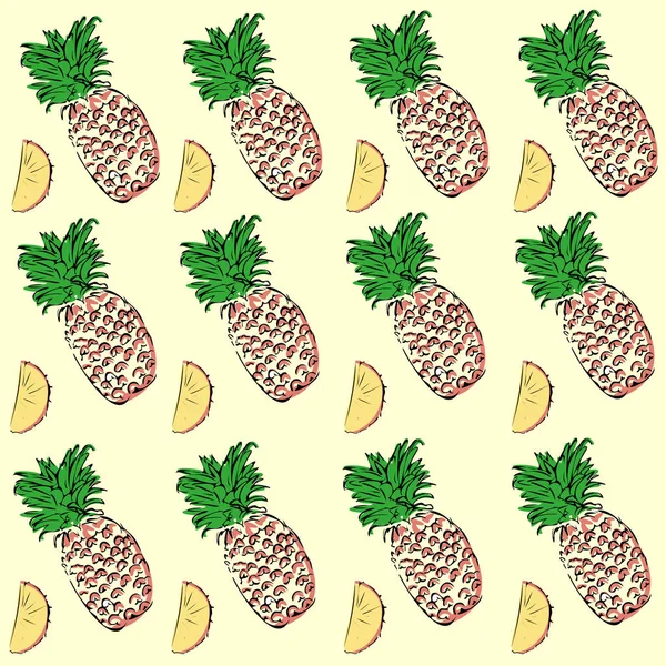 Naadloze vector patroon van gekleurde ananas op een gele geïsoleerde achtergrond. — Stockvector