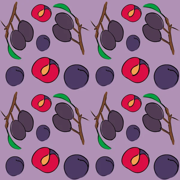 Seamless vector pattern of colored plum on a purple isolated background. — Stock Vector