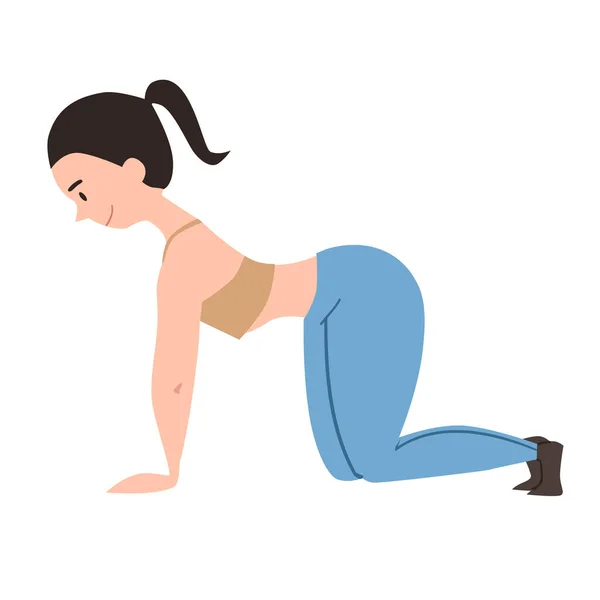 The girl is on all fours in the pose of a good cat. Exercises for the back. Vector illustration on a white background. — Stock Vector