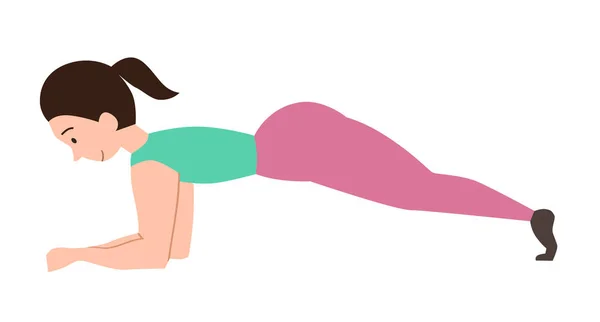 Mulher realiza um exercício de prancha de cotovelo, apoiando-se em seus cotovelos. Exercícios esportivos para todo o corpo. Ilustração vetorial sobre fundo branco —  Vetores de Stock