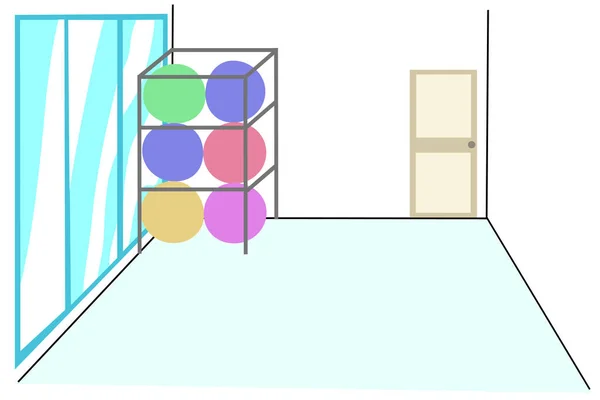 Vektor tecknad illustration av en tom träningssal med speglar och bollar för Pilates. Gym, klass för konditionsträning eller yoga, tom interiör inomhus — Stock vektor