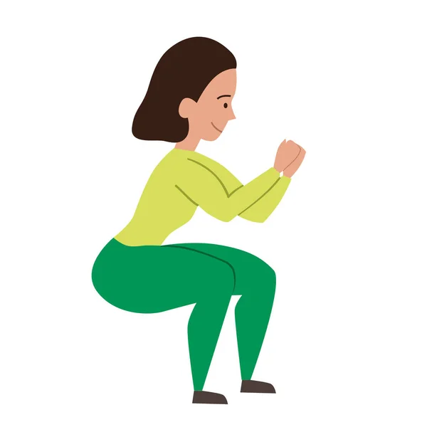 The girl does a squat exercise without a load. Vector illustration on a white background. — Stock Vector