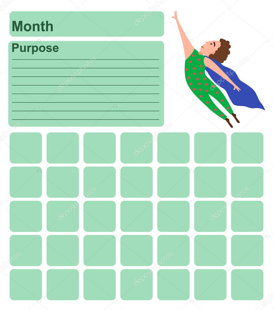 Annual wall planner for one month. Template with an illustration of a man flying like Superman. Vector illustration