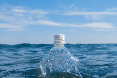 Plastik bir şişe açık denizde suyun yüzeyinde yüzer. Ekoloji kavramı