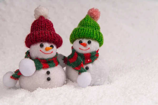 Two Cute Snowmen Stand Snow Smile Snowfall Copy Space Concept — Stock Photo, Image