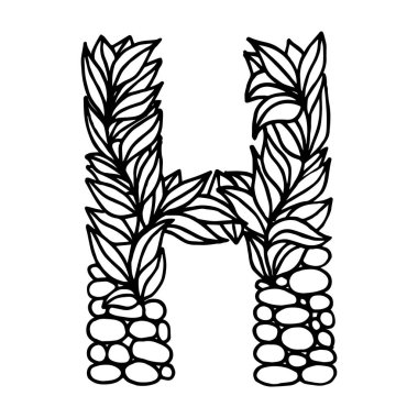 Beyaz arka planda H harfinin şafak vakti eliyle izole edilmiş hali. Bitki ve taş desenli İngiliz alfabesi büyük harfler. Güzel doğal illüstrasyon. Typographic Şablonu. Eps 8.