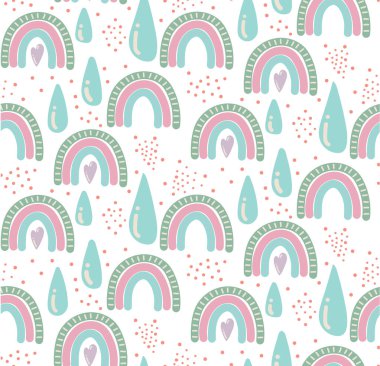 Sevimli gökkuşağı, yıldızlar ve bulutlarla kusursuz çocuksu bir düzen. Kumaş, ambalaj, tekstil, duvar kağıdı ve giysi için yaratıcı İskandinav çocuk dokusu. Vektör illüstrasyonu