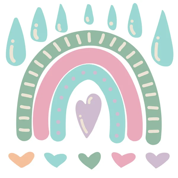 Sevimli gökkuşağı, yıldızlar ve bulutlarla kusursuz çocuksu bir düzen. Kumaş, ambalaj, tekstil, duvar kağıdı ve giysi için yaratıcı İskandinav çocuk dokusu. Vektör illüstrasyonu