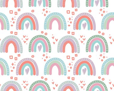 Gökkuşağı ve yağmur damlalı vektör pürüzsüz desen son moda İskandinav tarzında yayılır. Bebek odası duvar kâğıdı, poster, tekstil için komik, şirin, karikatür çizimi. Elle çizilmiş pul.