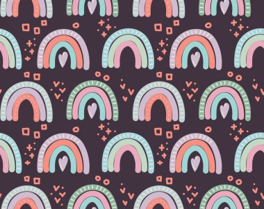 Gökkuşağı ve yağmur damlalı vektör pürüzsüz desen son moda İskandinav tarzında yayılır. Bebek odası duvar kâğıdı, poster, tekstil için komik, şirin, karikatür çizimi. Elle çizilmiş pul.