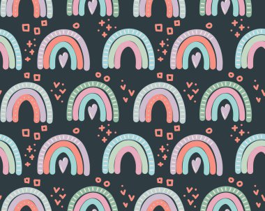 Gökkuşağı ve yağmur damlalı vektör pürüzsüz desen son moda İskandinav tarzında yayılır. Bebek odası duvar kâğıdı, poster, tekstil için komik, şirin, karikatür çizimi. Elle çizilmiş pul.