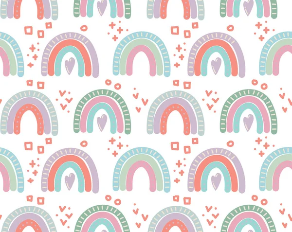 Gökkuşağı ve yağmur damlalı vektör pürüzsüz desen son moda İskandinav tarzında yayılır. Bebek odası duvar kâğıdı, poster, tekstil için komik, şirin, karikatür çizimi. Elle çizilmiş pul.