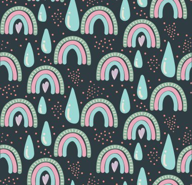 Sevimli gökkuşağı, yıldızlar ve bulutlarla kusursuz çocuksu bir düzen. Kumaş, ambalaj, tekstil, duvar kağıdı ve giysi için yaratıcı İskandinav çocuk dokusu. Vektör illüstrasyonu