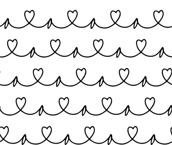 Elle çizilmiş vektör pürüzsüz desen. Kalpleri olan siyah bir çizgi. Paket kağıdı, kumaş, poster baskı şablonu. Eps 10.