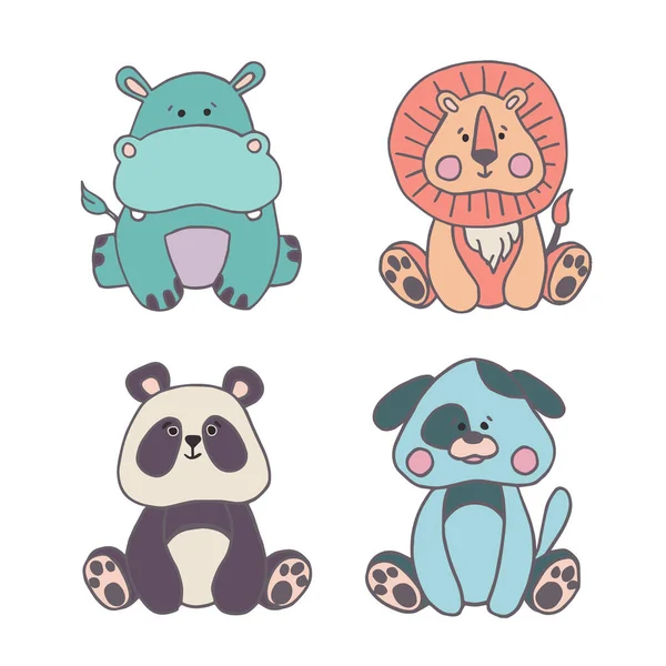 Düz bir tarzda komik hayvanların vektör kümesi. Çizgi film tarzında sevimli hayvanlar. Çocuk tarzındaki küçük hayvanlar. Tişört, poster ve bebek partisi tasarımı için kullanılabilir. Eps 10.