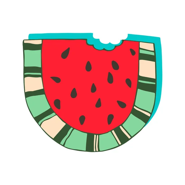 Vektör çizimi. Karpuz dilimi. Organik yiyecekler. Sağlıklı vejetaryen yemekleri. Çizgi film çıkartması. Çizgi roman stili. Tebrik kartları, posterler, yamalar, giysiler için baskılar, amblemler için dekorasyon