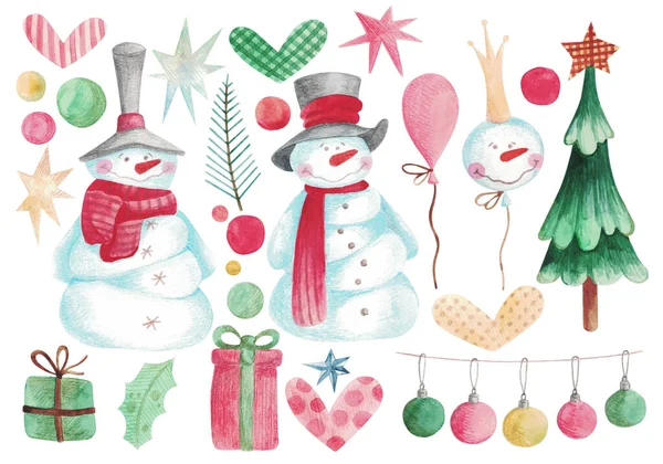 Conjunto aquarela de elementos de Natal - bonecos de neve, presentes, estrelas, bolas de neve coloridas, árvore de Natal, ramo de árvore de Natal, decorações de árvore de Natal. Desenhado à mão sobre um fundo branco. — Fotografia de Stock