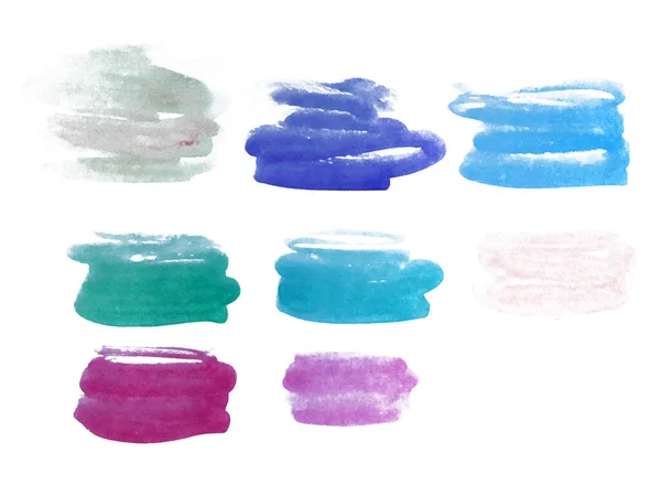 Saf beyaz arka planda suluboya ile boyanmış sekiz tane sakin renkli leke. Arkaplan tasarımı için kullan.