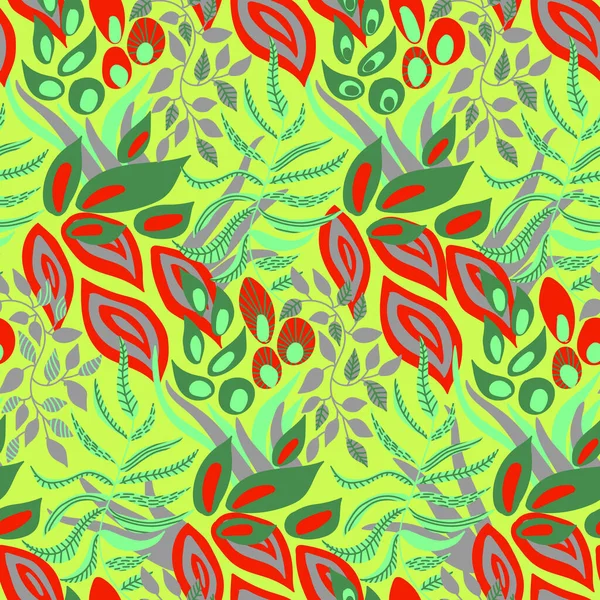 Vektör kusursuz desen. Bitki elementleriyle soyut çizim. Resimlerdeki canlı renkler. El çizimi. Kumaşlara, duvar kağıtlarına ve daha fazlasına baskı yapmak için kullan.