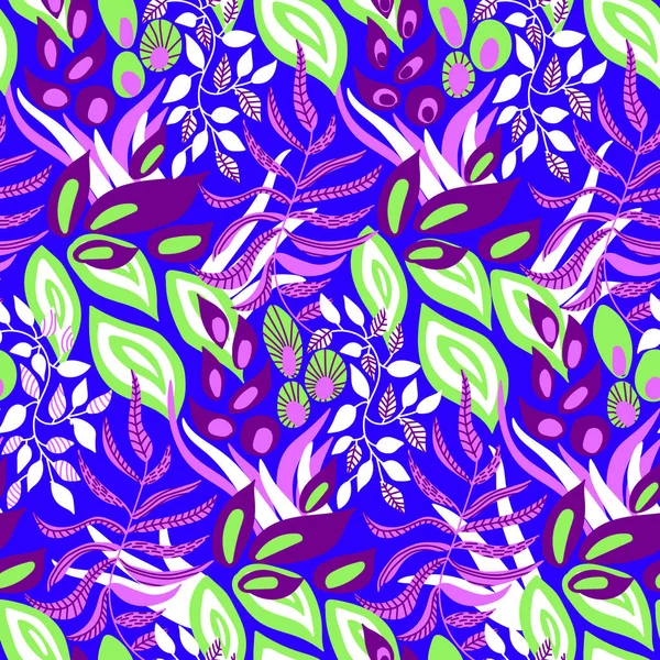 Vektör kusursuz desen. Bitki elementleriyle soyut çizim. Resimlerdeki canlı renkler. El çizimi. Kumaşlara, duvar kağıtlarına ve daha fazlasına baskı yapmak için kullan.