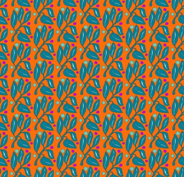 Bitkilerin vektörsüz deseni. Turuncu, mavi ve mor renkli. Tekstil eskizi, arka plan, ambalaj kağıdı, tasarım, ambalaj. Eps 10.