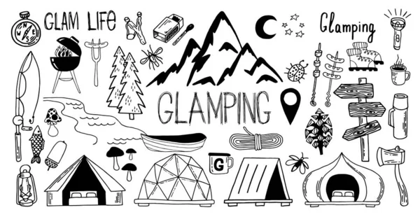 Grande conjunto de glamping e camping fotos de linha fina. Ilustração vetorial em estilo doodle. Bens ao ar livre e glamping. Eps 10. —  Vetores de Stock
