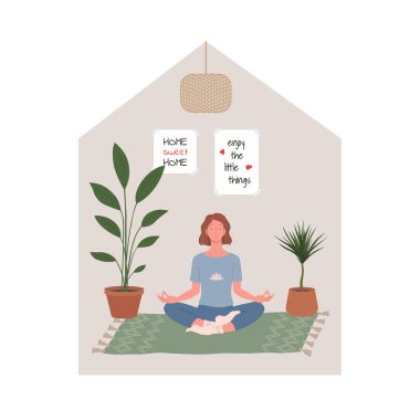 Yoga pozisyonu almış meditasyon yapan genç bir kadın. Yoga yapan ve evde meditasyon yapan bir kız. Evde dinlenmek. Konforlu iç mekan, oda, daire düz çizgi film vektör çizimi