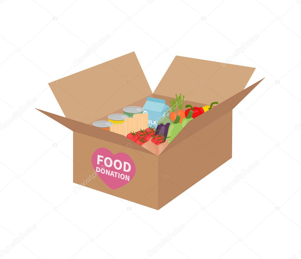 Food donation concept. Big cardboard box with food, grocery and vegetables. Donation box, support social care, volunteering and charity. Flat vector design. Isolated on white background.
