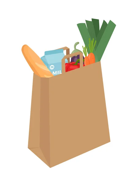 Yiyecek dolu kağıt torba. Organik, eko, taze, vejetaryen, vegan, tarım ürünleri. Bakkal, mandıra ürünleri, fırın ve sebzeli sağlıklı gıda kavramı. Düz vektör çizimi beyaz üzerine izole edildi