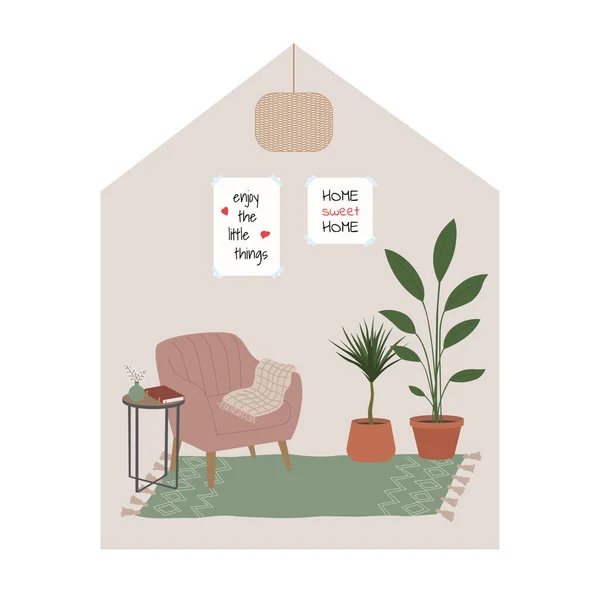 Evde kal konsepti. İskandinav oturma odasının içi. Hygge tarzında döşenmiş modern konforlu bir daire. Koltuk, kahve masası, saksıda bitkiler, posterler, çiçekler, ev dekorasyonları. Evde dinlenmek. Düz çizgi film vektör çizimi