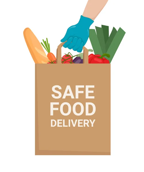 Safe food delivery concept. Courier's hand in glove holds paper bag with food, vegetables, bakery, grocery. Delivery home and office. Flat vector design. Isolated on white background.