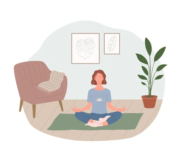 Yoga yapan ve meditasyondan zevk alan bir kadın. Nilüfer pozisyonunda oturmuş meditasyon yapan bacak bacak bacak üstüne atmış bir kız. Evde dinlenmek. Konforlu iç mekan, oda, daire düz vektör çizimi