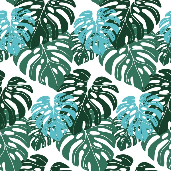 Vector green leaves of tropical plant Monstera isolated on white background. Tropical jungle design nature wallpaper. Hand drawn seamless pattern. Pattern for textile, fabric, fashion and wallpaper.