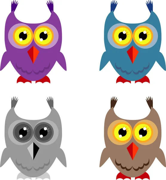 Funny Drawn Cartoon Owl Set Isolated White Background Web Line — Stock Vector